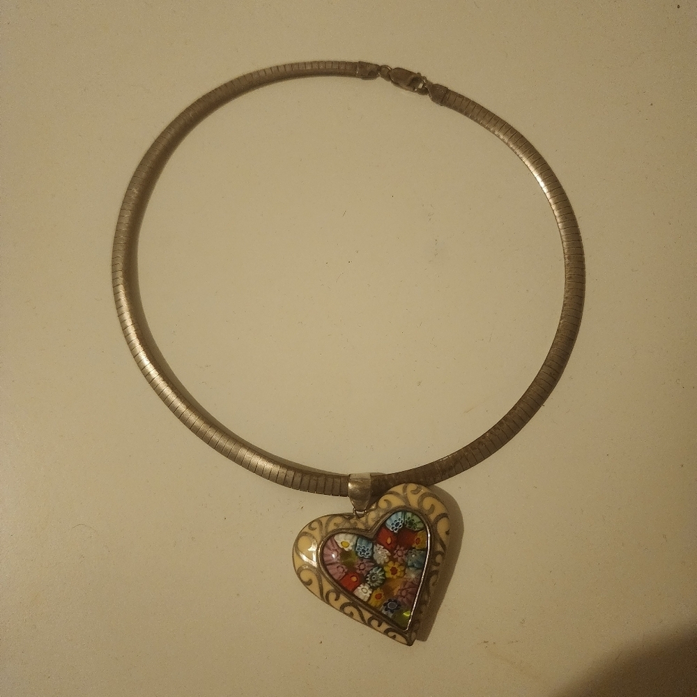Vintage Alan K. Murano Glass Millefiori Sterlin Silver 925 Heart Pendant Neckl - Picture 4 of 9